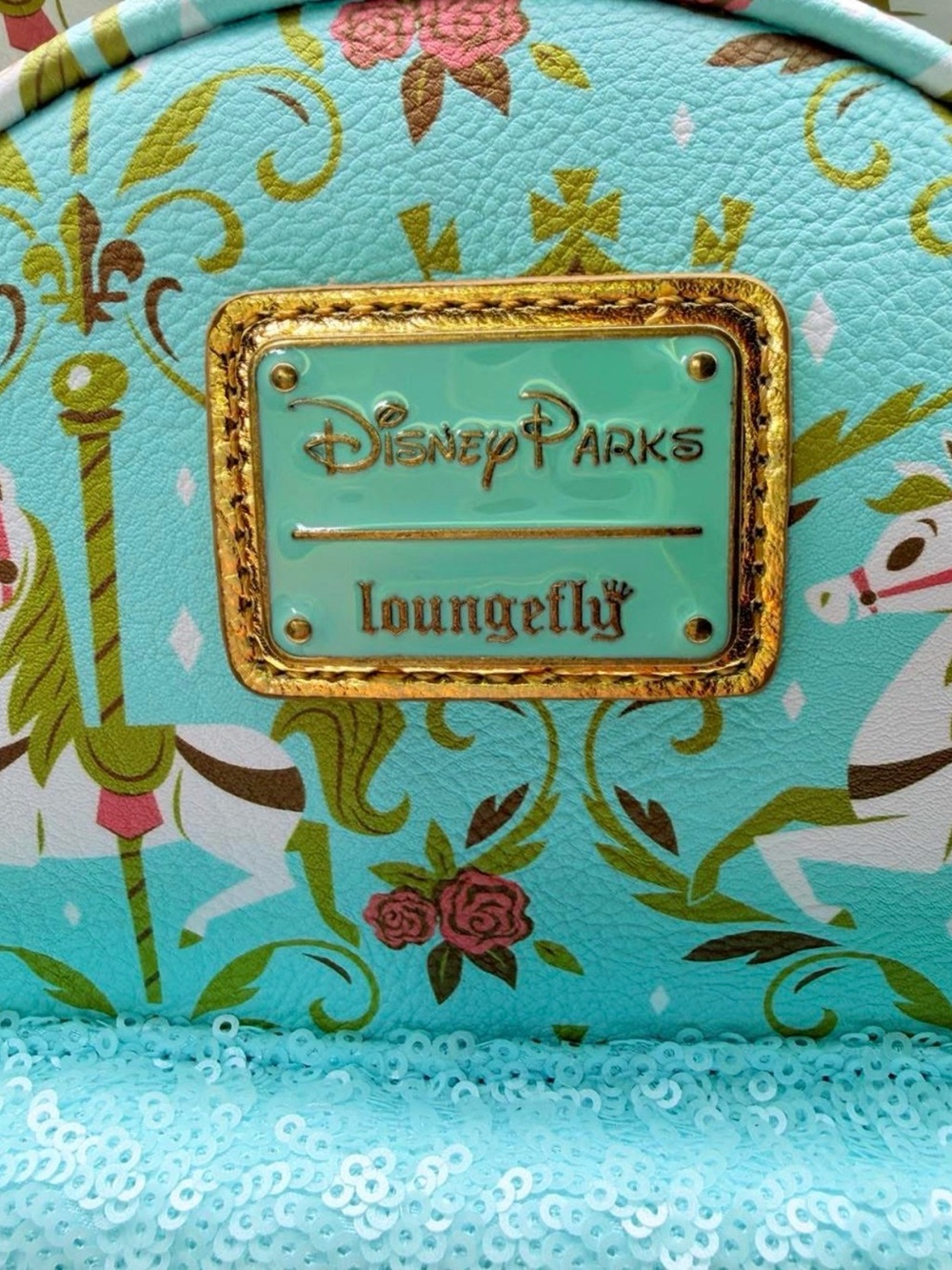 Loungefly Aqua Carousel Mouse Ear Mini Backpack with Gold Accents - Picture 6 of 10